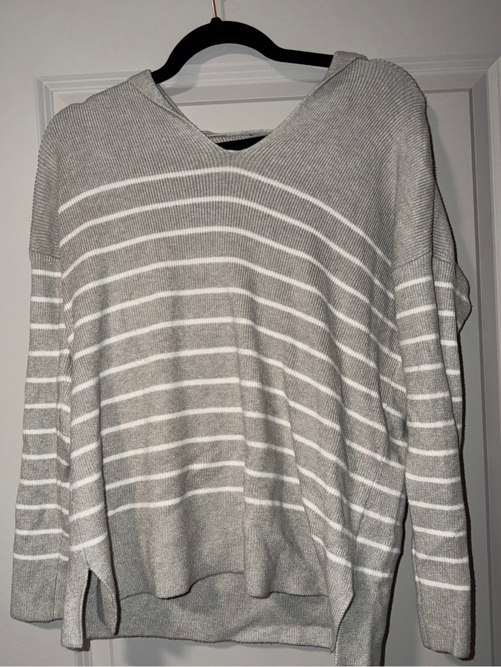 Light Gray & White Striped Ribbed Knit Hooded Women's Sweater